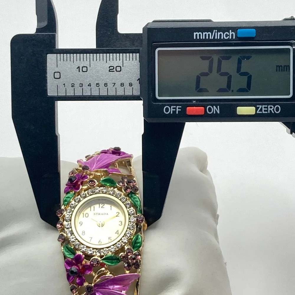 Strada Womens Watch Gold Tone Purple Floral Crystals Cuff 26mm New Battery 6.75